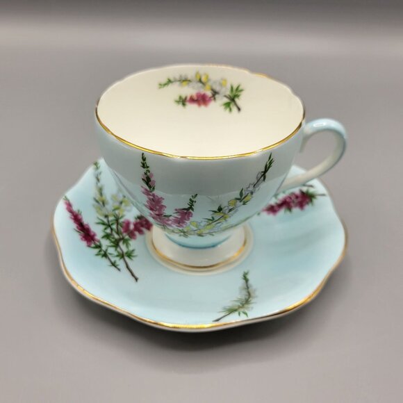 Vtg Foley Bone China Highland Heather Teacup & Saucer Set England Blue Floral - Picture 2 of 16